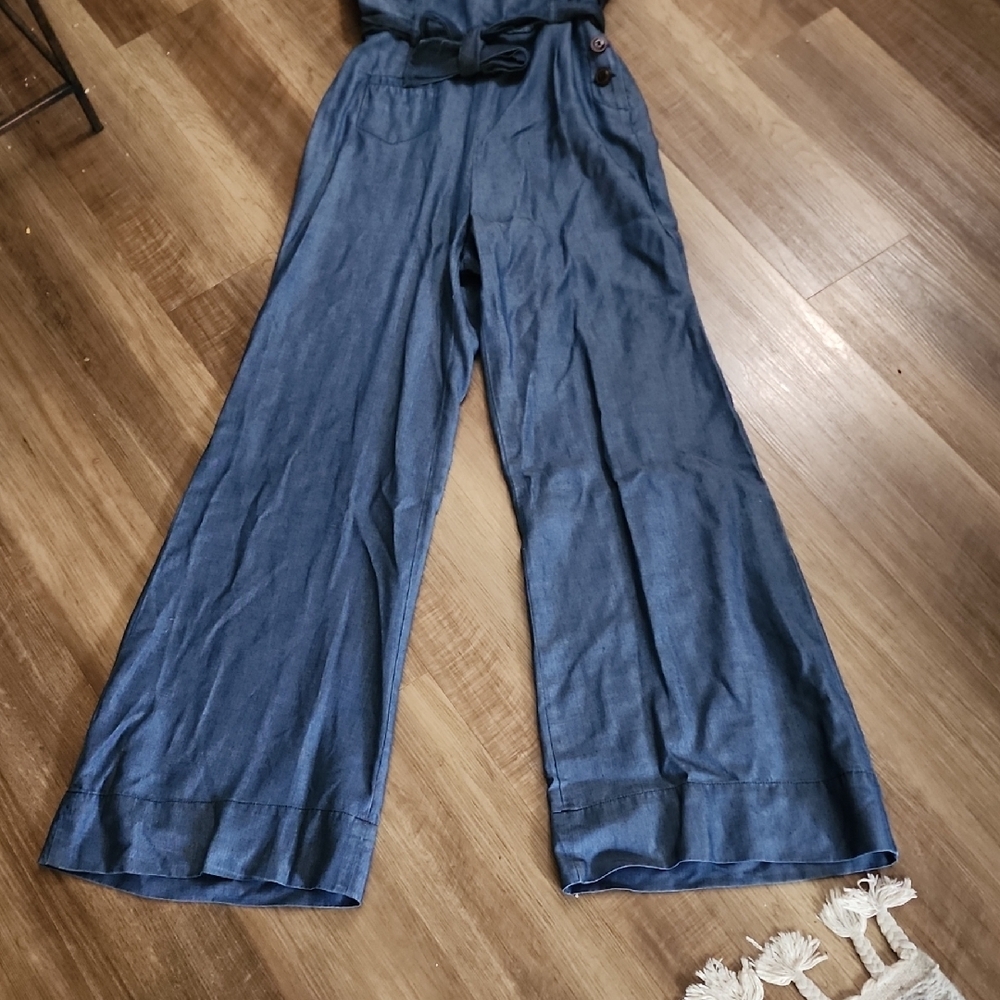 Elevenses Anthropologie Blue Wide Leg Halter Jumpsuit 70s Boho Retro - Picture 5 of 11